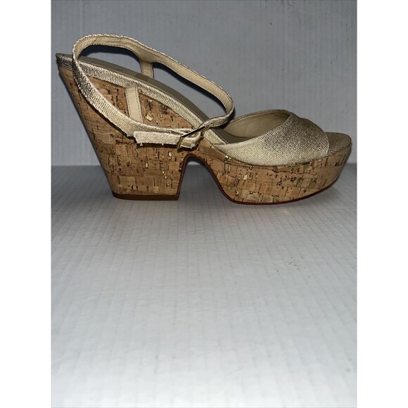 Kate Spade Penny Gold Open Toe Cork Platform Heels Sandals 10.5 NWOB - Picture 1 of 5